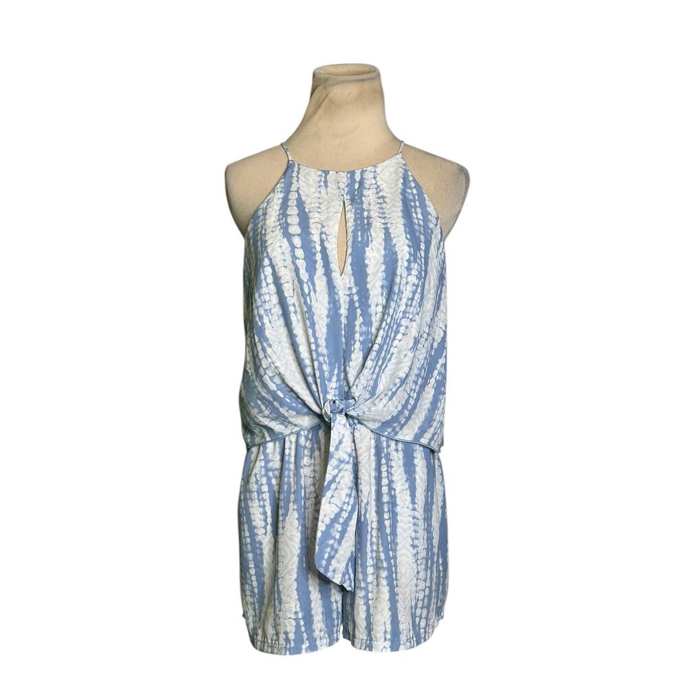 fab'rik Blue & White Tie-Front Halter Romper